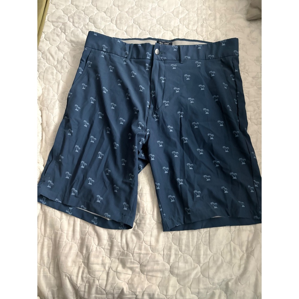 All Day Short Mens 36 Navy Blue Palm Tree 4-Way Stretch Hybrid Golf Shorts 9 Ins